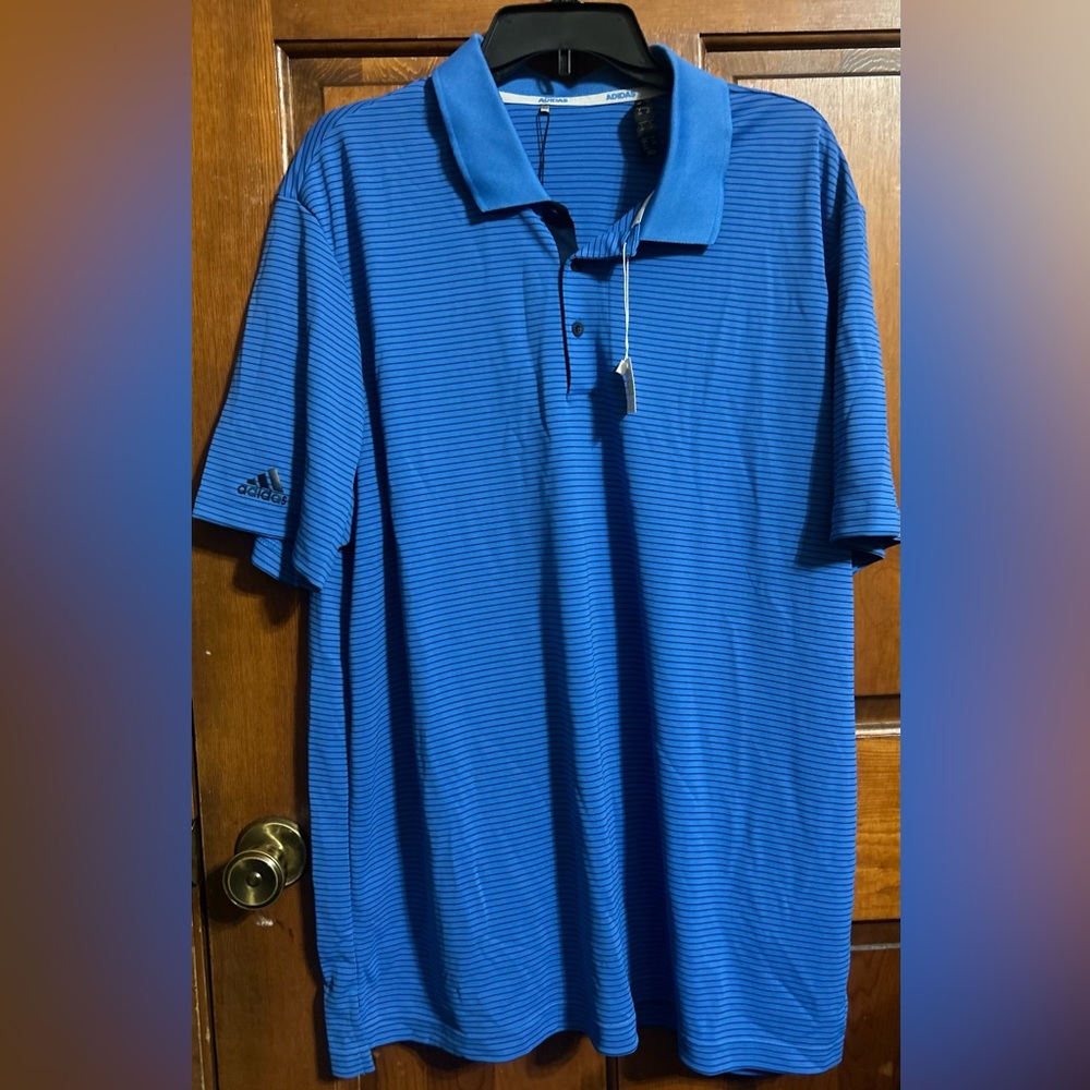 NWT ADIDAS Men's Blue Striped Golf Polo Shirt Size 2XL